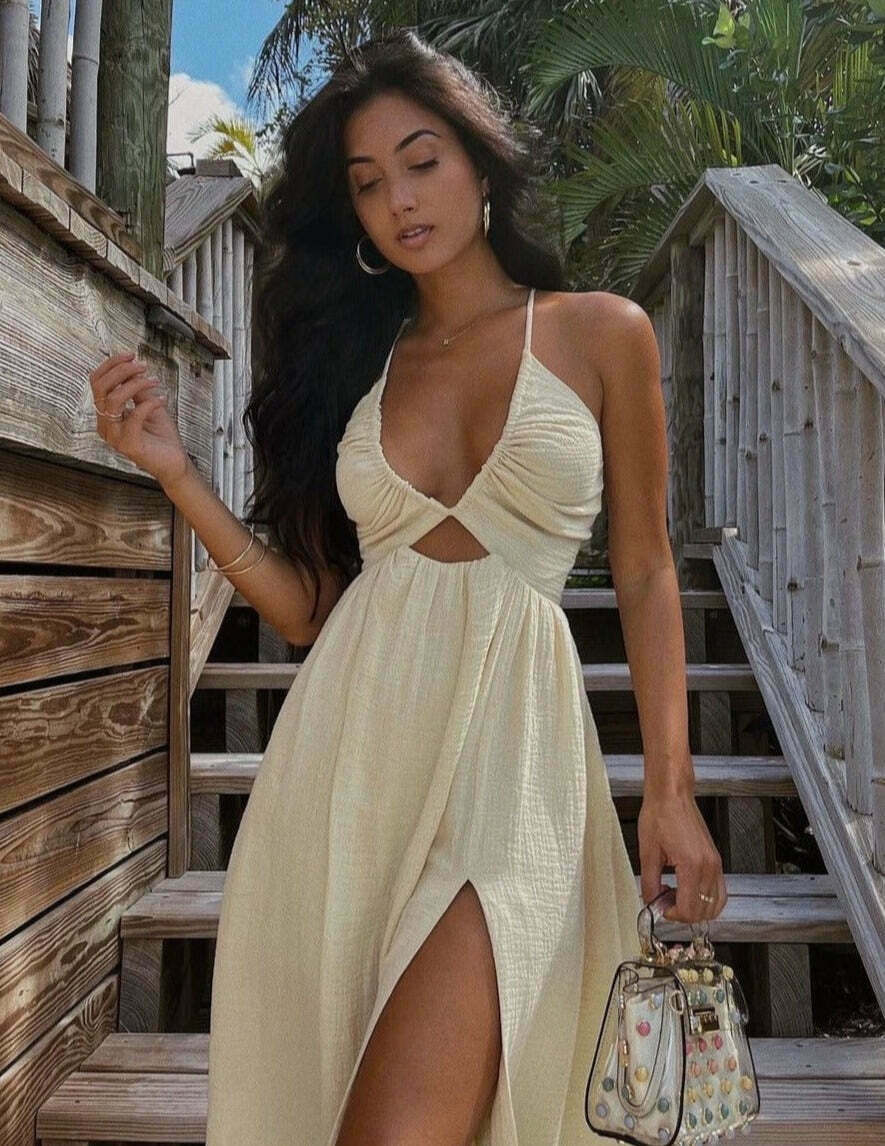 Beige Chest Wrap Dress: Y2K Aesthetic for Women - Coquette Style with Grunge & Pastel Goth