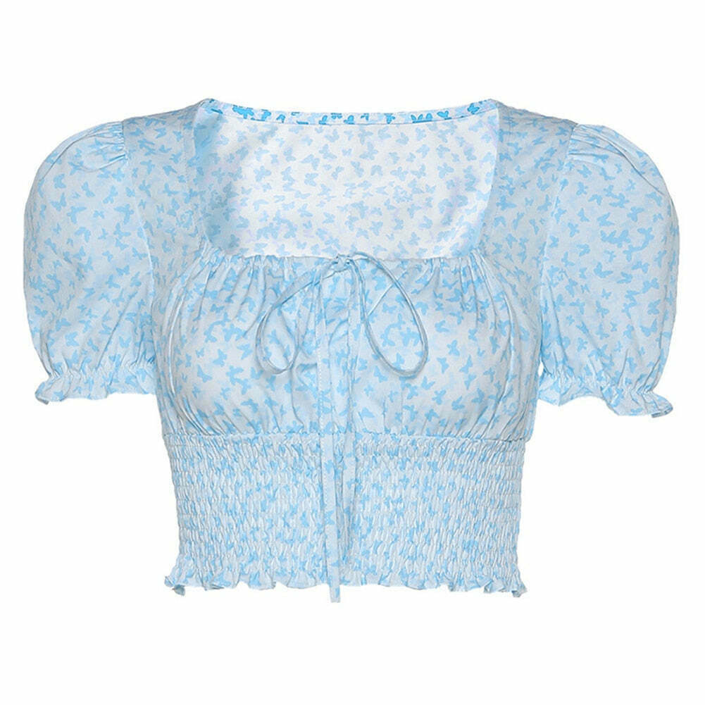 Blue Barry Butterfly Print Crop Top - Y2K Fashion Aesthetic for Women - Coquette Style Grunge Outfit Blue Barry Butterfly Print Crop Top - Y2K Fashion Aesthetic for Women - Coquette Style Grunge Outfit