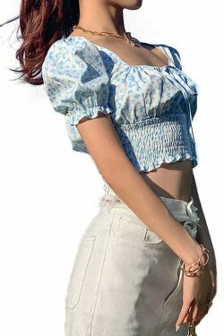 Blue Barry Butterfly Print Crop Top - Y2K Fashion Aesthetic for Women - Coquette Style Grunge Outfit