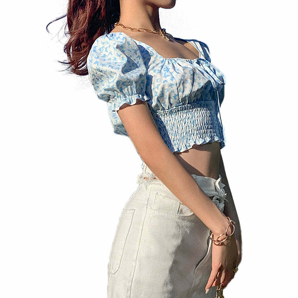 Blue Barry Butterfly Print Crop Top - Y2K Fashion Aesthetic for Women - Coquette Style Grunge Outfit Blue Barry Butterfly Print Crop Top - Y2K Fashion Aesthetic for Women - Coquette Style Grunge Outfit