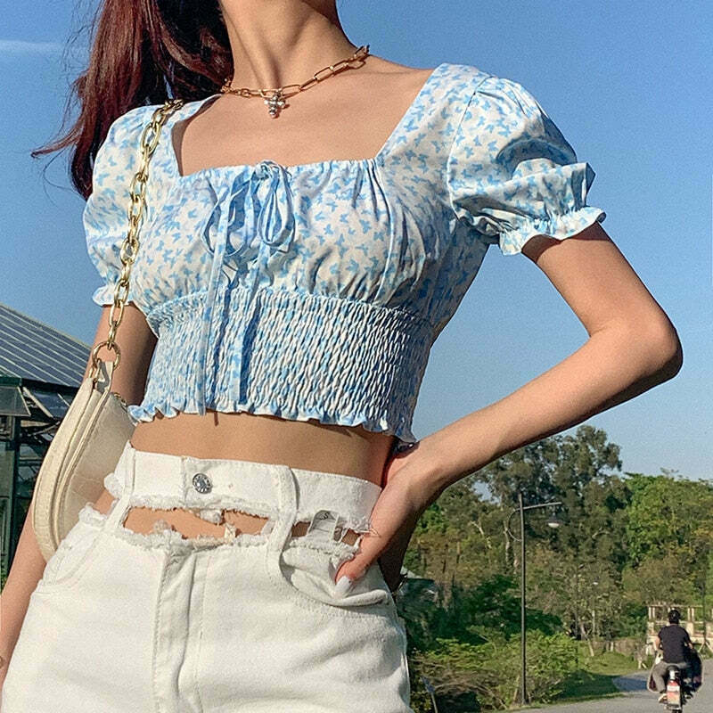 Blue Barry Butterfly Print Crop Top - Y2K Fashion Aesthetic for Women - Coquette Style Grunge Outfit Blue Barry Butterfly Print Crop Top - Y2K Fashion Aesthetic for Women - Coquette Style Grunge Outfit