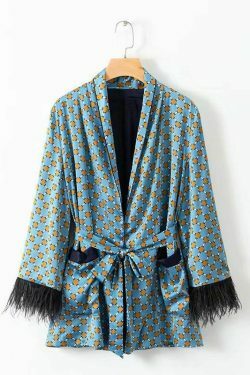 Blue Printed Kimono Suit with Feather Sleeves - Y2K Fashion Statement for Women's Niche Style