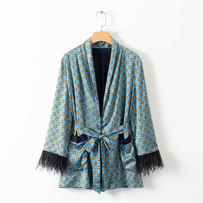 Blue Printed Kimono Suit with Feather Sleeves - Y2K Fashion Statement for Women's Niche Style