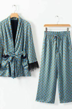 Blue Printed Kimono Suit with Feather Sleeves - Y2K Fashion Statement for Women's Niche Style