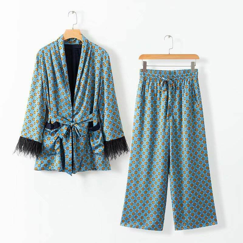 Blue Printed Kimono Suit with Feather Sleeves - Y2K Fashion Statement for Women's Niche Style