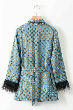 Blue Printed Kimono Suit with Feather Sleeves - Y2K Fashion Statement for Women's Niche Style