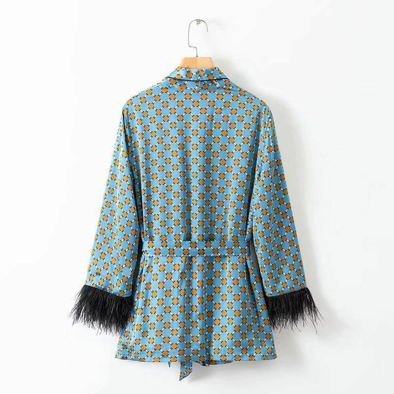 Blue Printed Kimono Suit with Feather Sleeves - Y2K Fashion Statement for Women's Niche Style