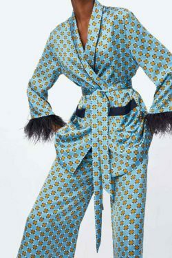 Blue Printed Kimono Suit with Feather Sleeves - Y2K Fashion Statement for Women's Niche Style