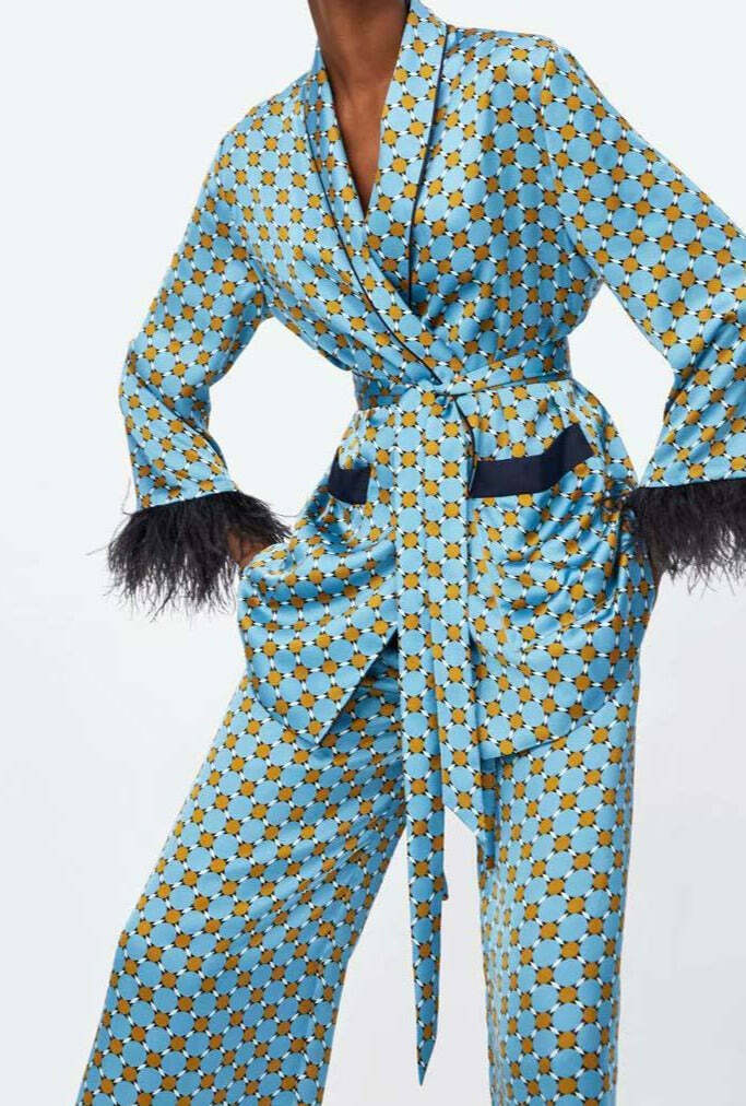 Blue Printed Kimono Suit with Feather Sleeves - Y2K Fashion Statement for Women's Niche Style