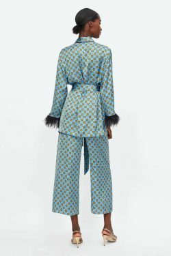 Blue Printed Kimono Suit with Feather Sleeves - Y2K Fashion Statement for Women's Niche Style