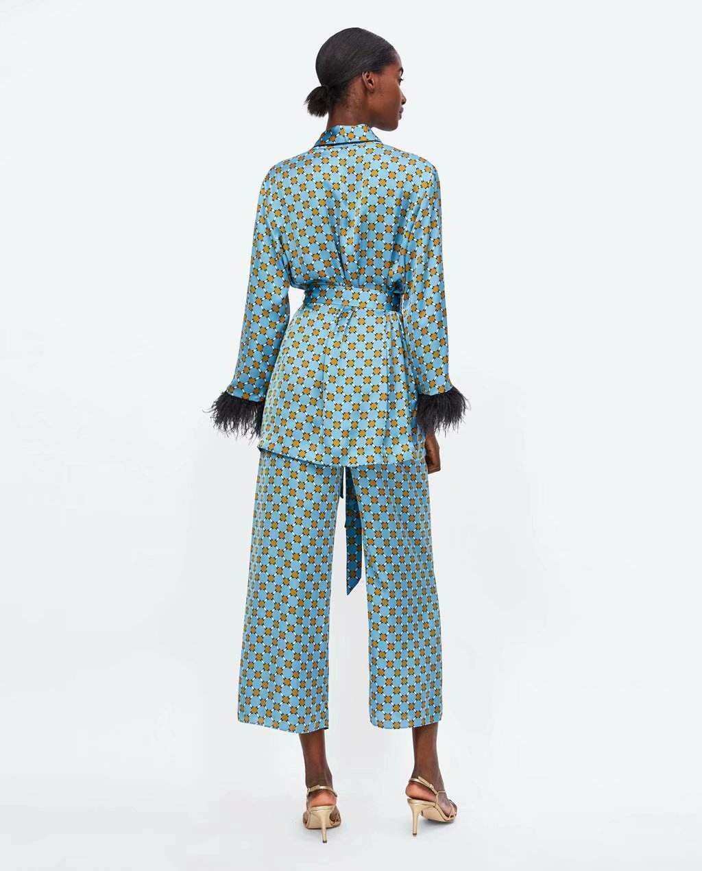 Blue Printed Kimono Suit with Feather Sleeves - Y2K Fashion Statement for Women's Niche Style