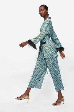 Blue Printed Kimono Suit with Feather Sleeves - Y2K Fashion Statement for Women's Niche Style
