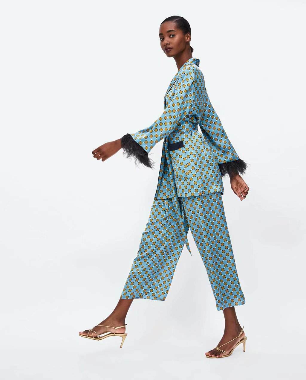 Blue Printed Kimono Suit with Feather Sleeves - Y2K Fashion Statement for Women's Niche Style