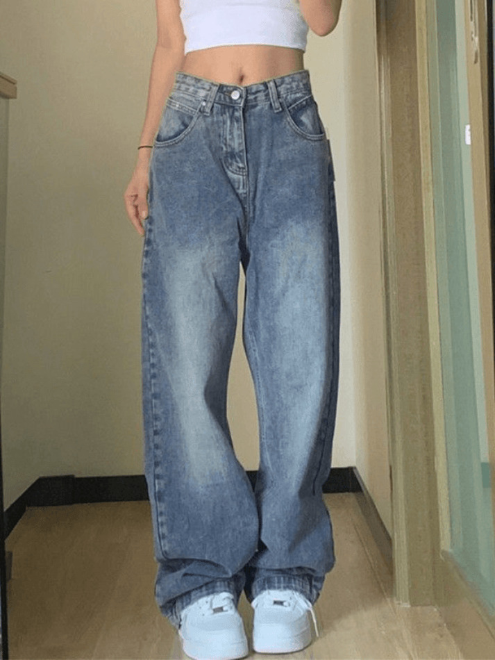Blue Wash Boyfriend Jeans with Pocket Design - Y2K Fashion Aesthetic for Women
