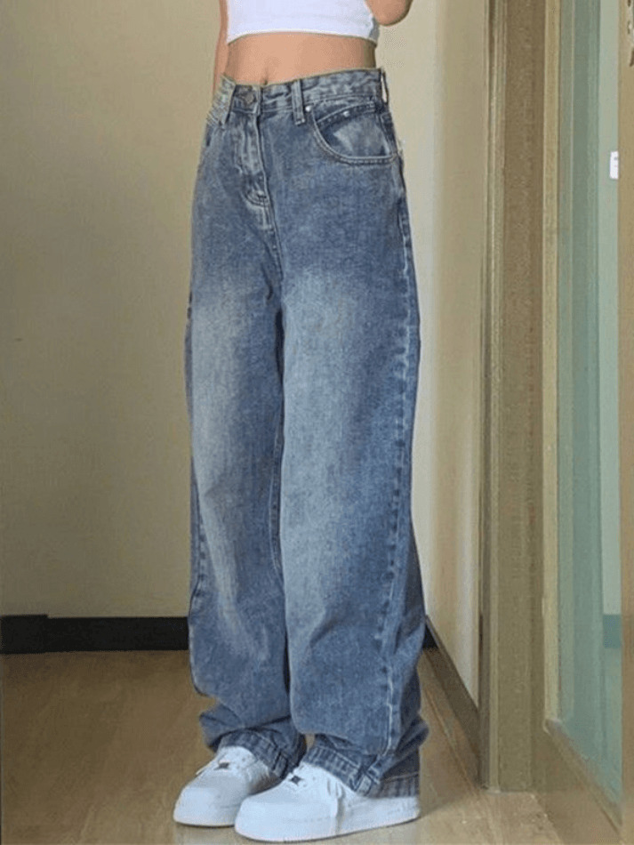 Blue Wash Boyfriend Jeans with Pocket Design - Y2K Fashion Aesthetic for Women