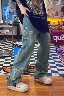 Blue Wash Star Patched Boyfriend Jeans - Y2K Fashion with Coquette Aesthetic