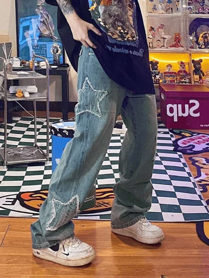 Blue Wash Star Patched Boyfriend Jeans - Y2K Fashion with Coquette Aesthetic