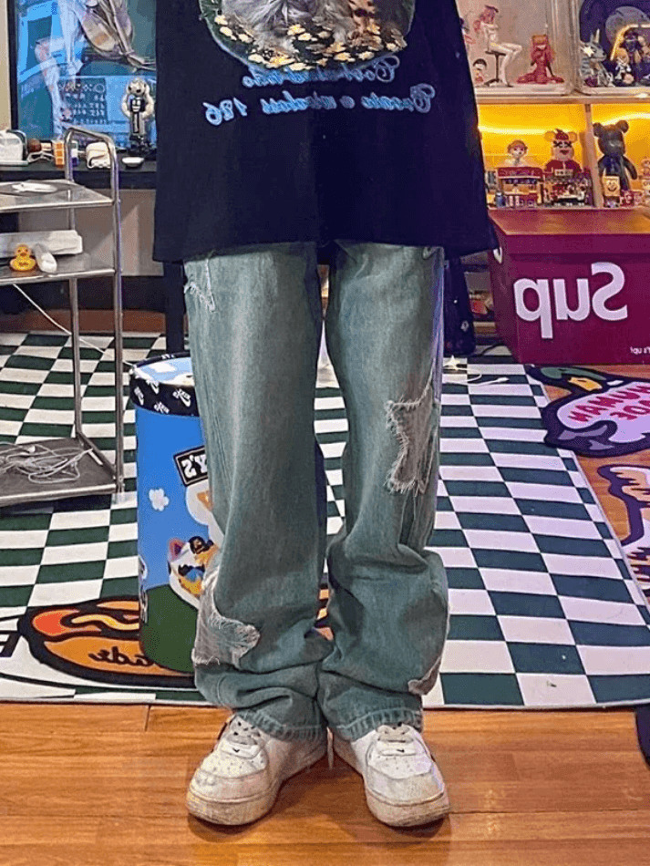 Blue Wash Star Patched Boyfriend Jeans - Y2K Fashion with Coquette Aesthetic