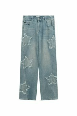 Blue Wash Star Patched Boyfriend Jeans - Y2K Fashion with Coquette Aesthetic