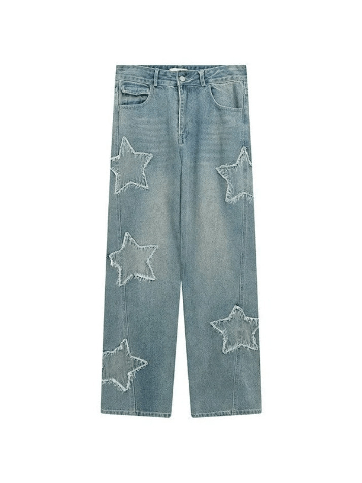 Blue Wash Star Patched Boyfriend Jeans - Y2K Fashion with Coquette Aesthetic