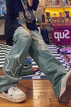 Blue Wash Star Patched Boyfriend Jeans - Y2K Fashion with Coquette Aesthetic