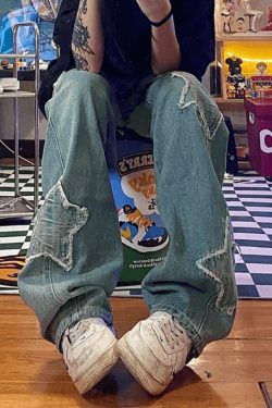 Blue Wash Star Patched Boyfriend Jeans - Y2K Fashion with Coquette Aesthetic