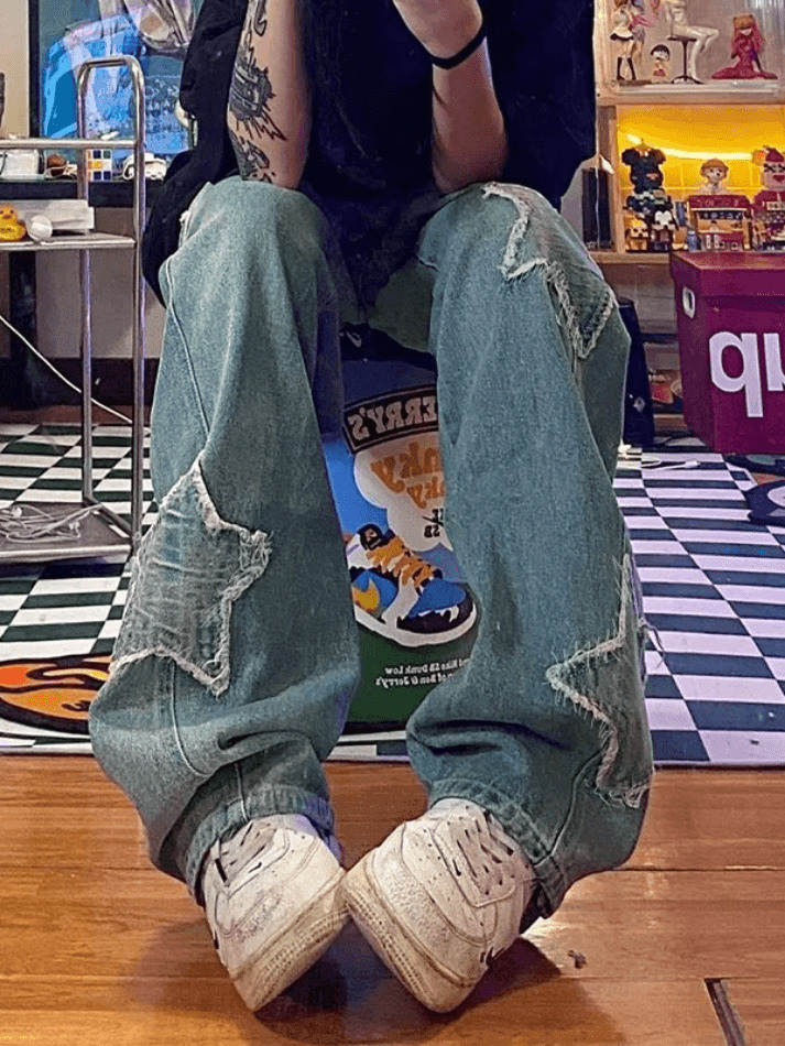 Blue Wash Star Patched Boyfriend Jeans - Y2K Fashion with Coquette Aesthetic
