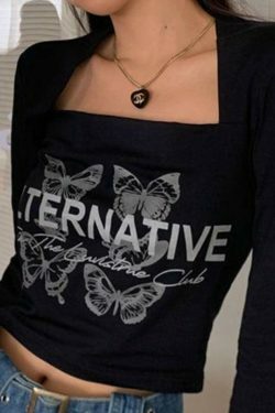 Butterfly Letter Print Square Neck Long Sleeve Tee - Y2K Fashion Aesthetic Top