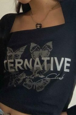 Butterfly Letter Print Square Neck Long Sleeve Tee - Y2K Fashion Aesthetic Top