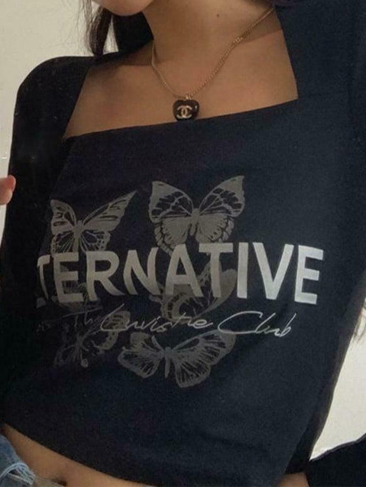 Butterfly Letter Print Square Neck Long Sleeve Tee - Y2K Fashion Aesthetic Top Butterfly Letter Print Square Neck Long Sleeve Tee - Y2K Fashion Aesthetic Top