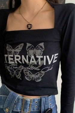 Butterfly Letter Print Square Neck Long Sleeve Tee - Y2K Fashion Aesthetic Top