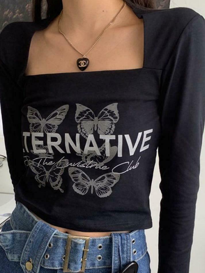 Butterfly Letter Print Square Neck Long Sleeve Tee - Y2K Fashion Aesthetic Top Butterfly Letter Print Square Neck Long Sleeve Tee - Y2K Fashion Aesthetic Top
