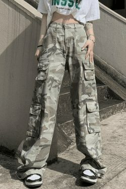 Camo Print Baggy Parachute Cargo Pants for Y2K Aesthetic Fashionistas