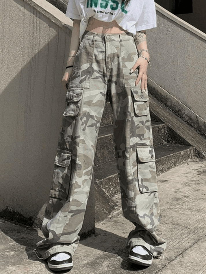 Camo Print Baggy Parachute Cargo Pants for Y2K Aesthetic Fashionistas