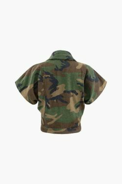 Camo Print Cap Sleeve Crop Shirt with Slit Mini Skirt Set