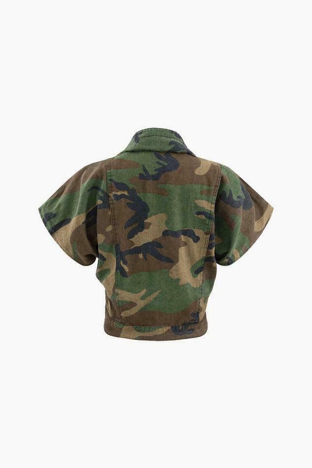 Camo Print Cap Sleeve Crop Shirt with Slit Mini Skirt Set