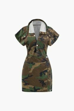 Camo Print Cap Sleeve Crop Shirt with Slit Mini Skirt Set