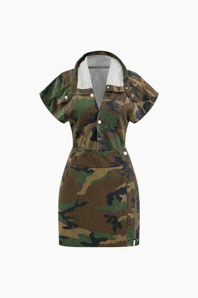 Camo Print Cap Sleeve Crop Shirt with Slit Mini Skirt Set