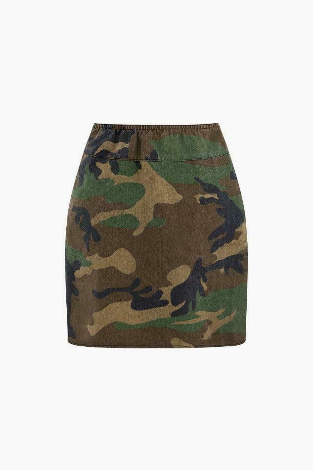 Camo Print Cap Sleeve Crop Shirt with Slit Mini Skirt Set