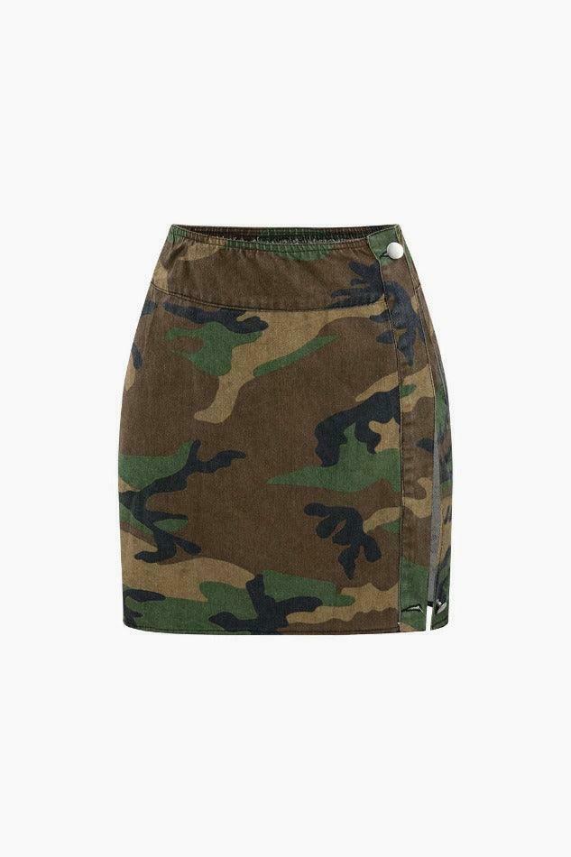 Camo Print Cap Sleeve Crop Shirt with Slit Mini Skirt Set