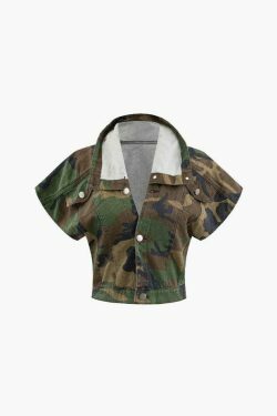 Camo Print Cap Sleeve Crop Shirt with Slit Mini Skirt Set