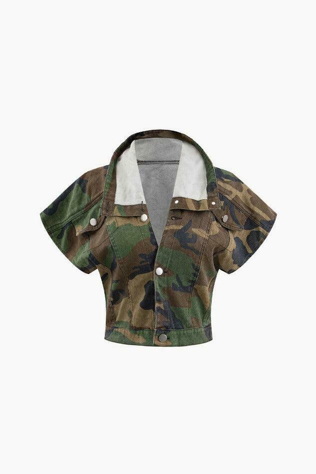 Camo Print Cap Sleeve Crop Shirt with Slit Mini Skirt Set
