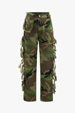 Camo Print Fringe Straight Pants - Y2K Fashion with Coquette Aesthetic, Grunge Style, and Pastel