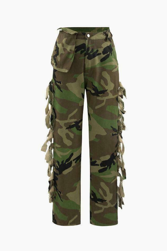 Camo Print Fringe Straight Pants - Y2K Fashion with Coquette Aesthetic, Grunge Style, and Pastel