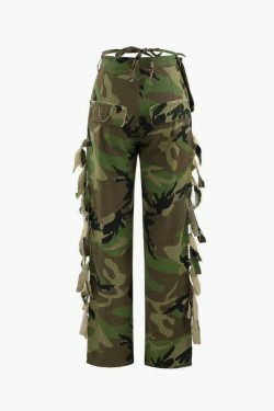 Camo Print Fringe Straight Pants - Y2K Fashion with Coquette Aesthetic, Grunge Style, and Pastel