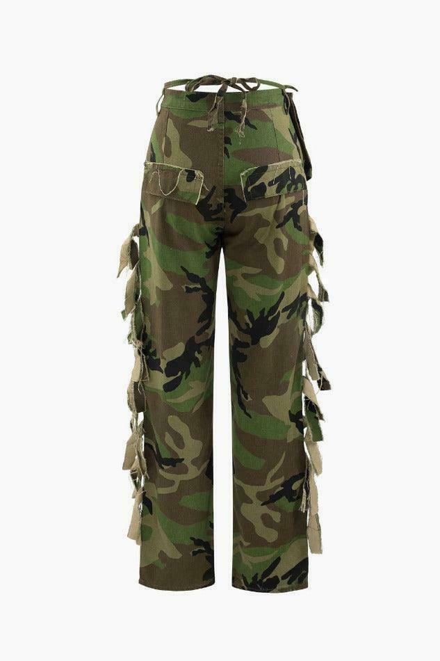 Camo Print Fringe Straight Pants - Y2K Fashion with Coquette Aesthetic, Grunge Style, and Pastel