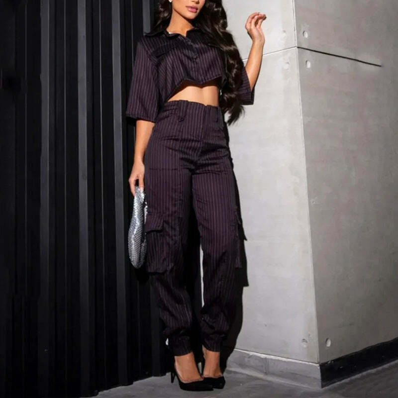 Casual Pantsuit with Short Shirt - Y2K Fashion Coquette Aesthetic Grunge Style Cargo Skirt