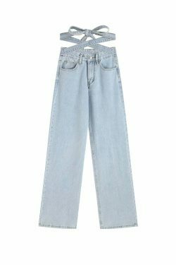 Celestial Sky Tie-Front Y2K Jeans - Coquette Aesthetic Grunge Style Women's Fashion