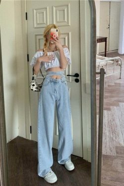 Celestial Sky Tie-Front Y2K Jeans - Coquette Aesthetic Grunge Style Women's Fashion