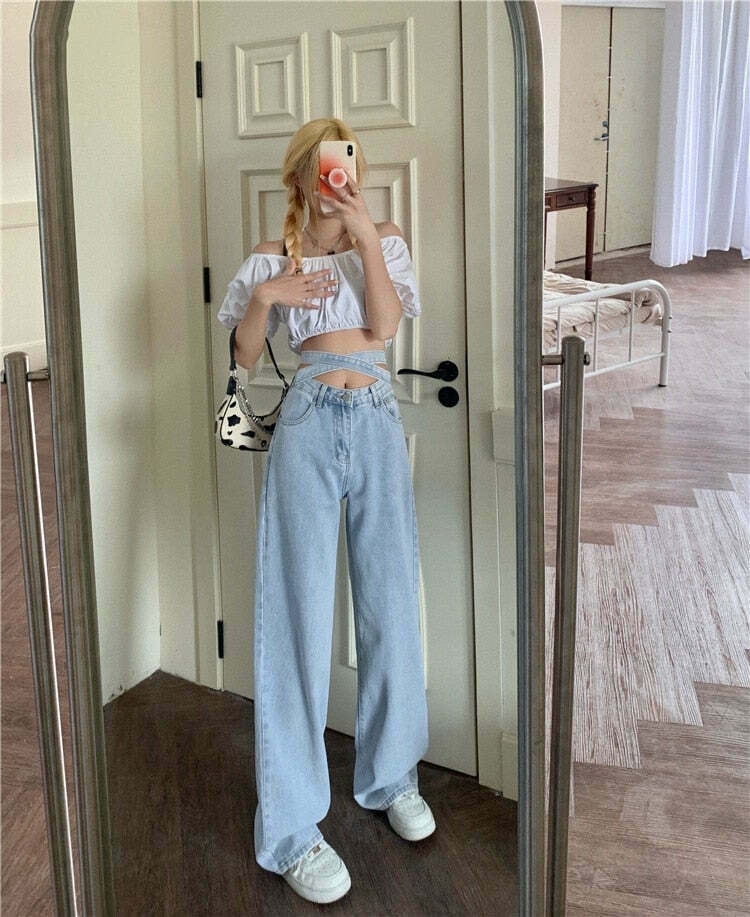 Celestial Sky Tie-Front Y2K Jeans - Coquette Aesthetic Grunge Style Women's Fashion Celestial Sky Tie-Front Y2K Jeans - Coquette Aesthetic Grunge Style Women's Fashion